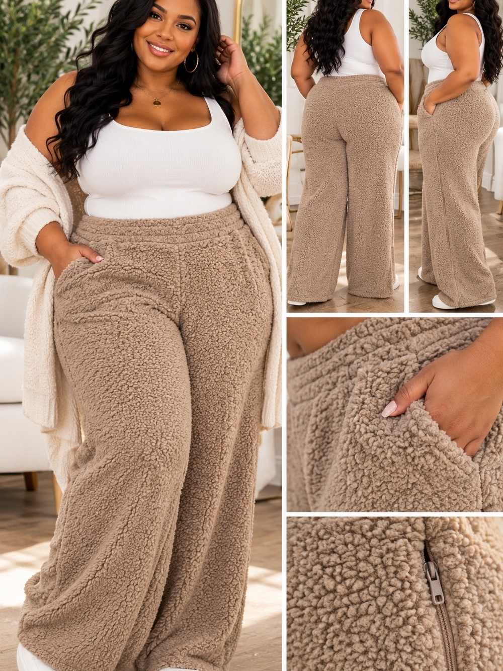 Cozy Plus-Size Sherpa Wide-Leg Pants - Taupe